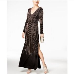 Xscape Black and Gold Patterned Long Sleeve Dress